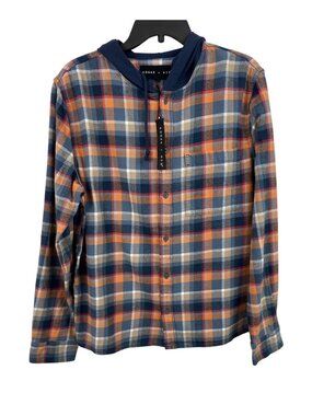 Edgar + Ash Mens Hooded Flannel Shirt M Blue & Orange Plaid Button Front Long Sl